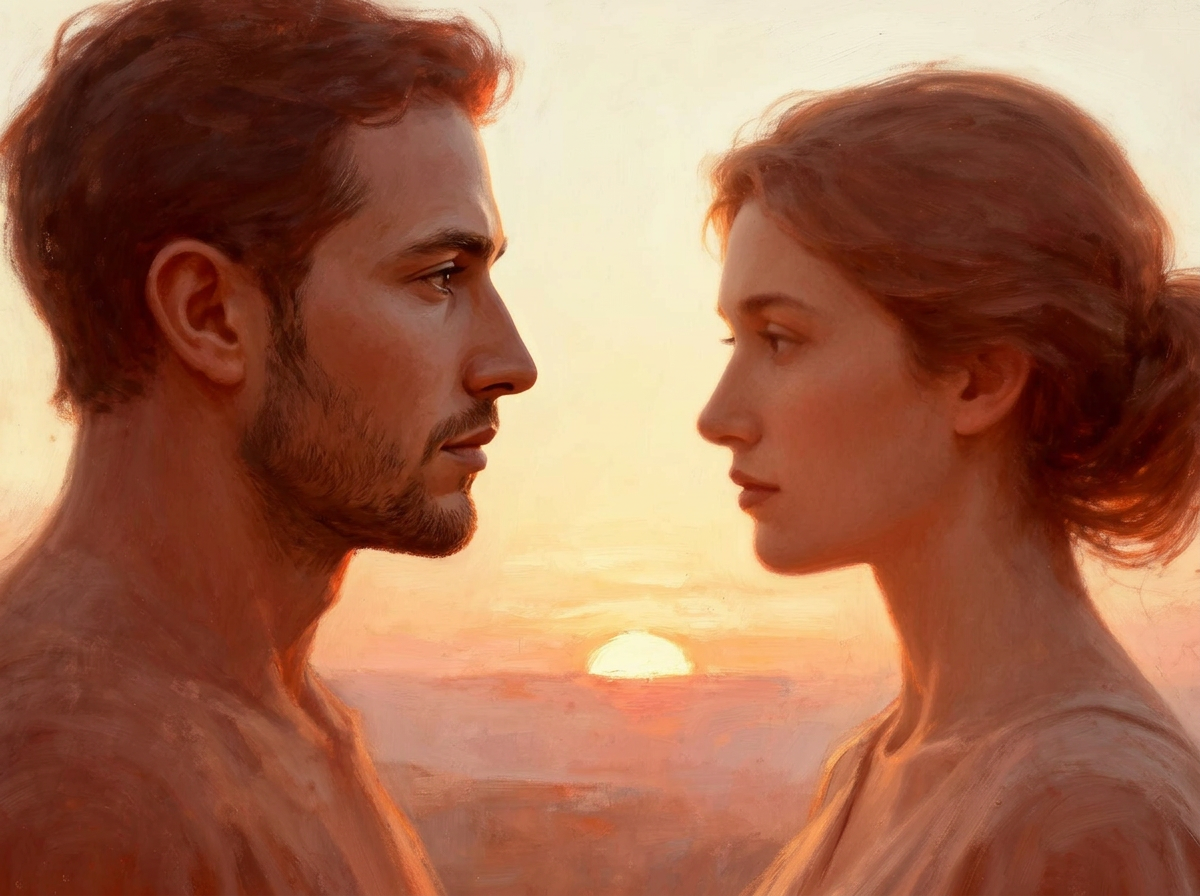 Deux silhouettes face à face au lever du jour — un regard masculin, un regard féminin